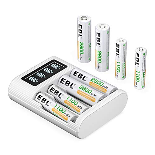 EBL 4 Slot Caricabatterie Indipendente per AA & AAA NI-MH Batterie Ricaricabili, FY-409 Caricatore+4 pcs 2800mAh AA Pile Ricaricabili e 4 pcs 1100mAh AAA Pile Ricaricabili