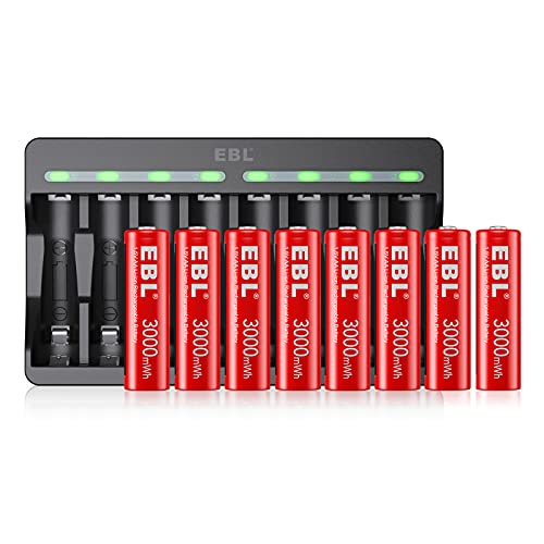 EBL 8 pcs AA Batterie Ricaricabili Durature, 1,5V Pile Ricaricabili da 3000mWh + Caricabatterie a 8 Slot
