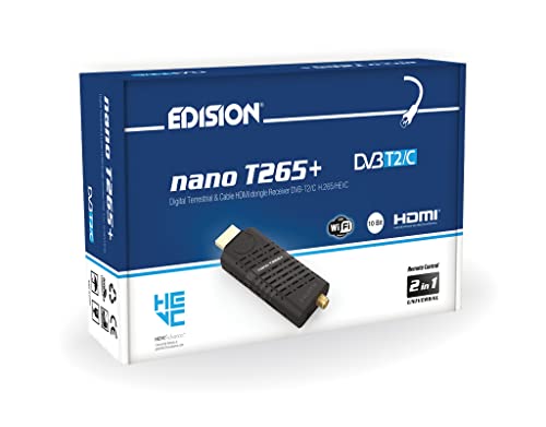 EDISION NANO T265+ Decoder DVB-T2 HD Dongle Ricevitore Digitale Terrestre, Full HD, DVB-T2, H265 HEVC, 10 Bit, FTA, USB, HDMI, Sensore IR, Supporto USB WiFi, Telecomando Universale 2in1, Main 10, Nero