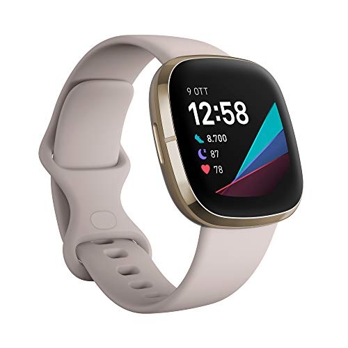 Fitbit Sense - Smartwatch Evoluto con Strumenti per la Salute del Cuore, Gestione dello Stress, Monitoraggio della Temperatura Cutanea, Lunar White Soft Gold