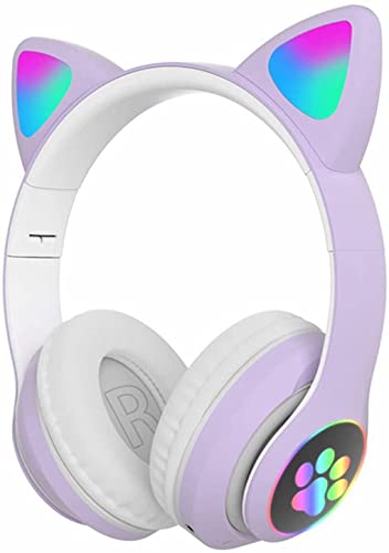 Gaming Headset Headphones Foldable Bluetooth Headphones, Cat Ear GUIDATO Light Up Wireless Kids Headphones, 10H Playtime, Children Headphones with Mic Over Ear for School Tablet PC (Viola)