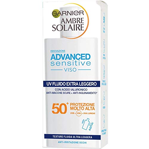 Garnier Ambre Solaire UV Fluido Viso Extra Leggero Advanced Sensitive, SPF 50+, Protezione Molto Alta, Arricchito con Acido Ialuronico, 50 ml