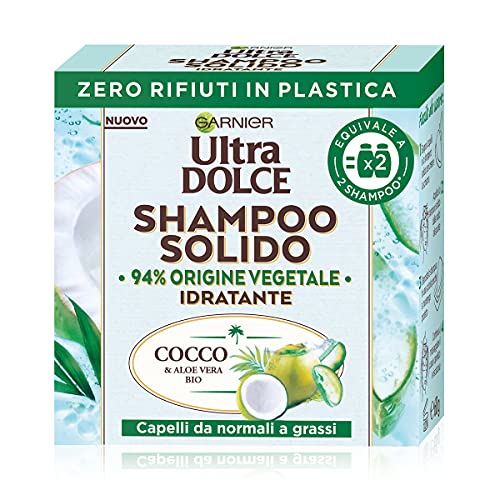 Garnier Ultra Dolce Shampoo Solido Cocco e Aloe vera, Per capelli da normali a grassi, Con packaging 100% ecologico plastic-free, 60 gr