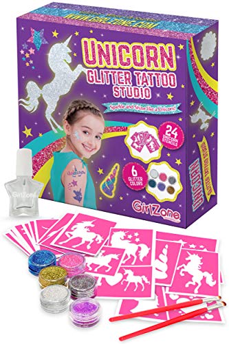GirlZone Regalo Ragazza - Giochi Bimba Glitter Tattoo Studio Unicorno- Set Tatuaggi Glitter Bambina - Set 33 Pezzi con Glitter per Tatoo, Stencil- Tatuaggi Riutilizzabili