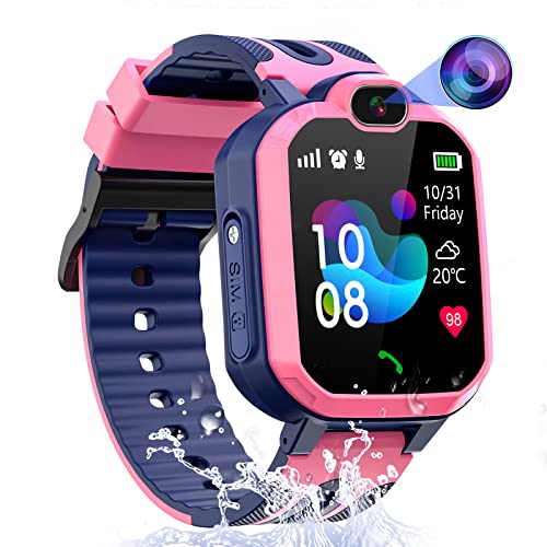 GPS Tracker Smartwatch Bambini Impermeabile, Kids Smartwatch Phone, GPS Orologio Bambino con Chat Vocale, SOS, Sveglia, Regalo Ragazzo e Ragazza 3-12 anni, Pink