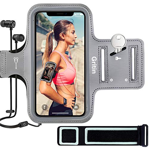 Gritin Fascia da Braccio, Sweatproof Porta Cellulare Braccio Sportiva per iPhone SE(2020) 11 11 Pro XR XS X 8 7, Galaxy S10 S9-con Slot per Cuffie Banda Riflettente, per 4.7-6.1