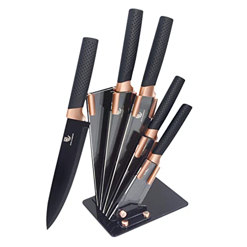 HL zhujiabao Set di coltelli da cucina nero con supporto in acrilico 6 pezzi Set di coltelli da chef professionale in acciaio inossidabile con rivestimento antiaderente e bordo ultra affilato
