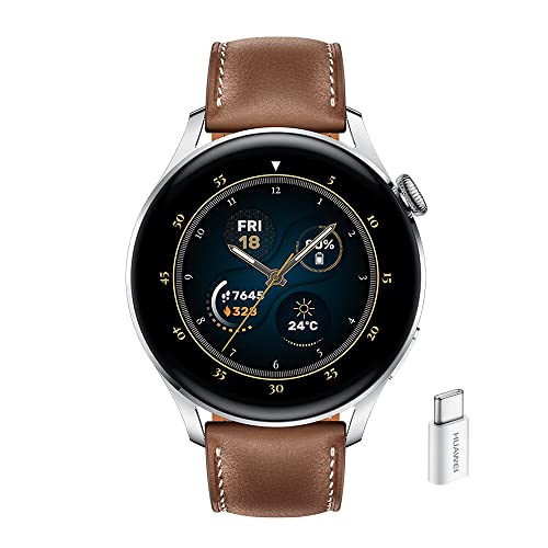 HUAWEI WATCH 3 - Smartwatch 4G AMOLED 1,43 pollici, AP52, chiamata eSIM, batteria fino a 3 giorni, monitoraggio saturazione ossigeno, frequenza cardiaca 24 7, GPS, 5ATM, cinturino pelle Brown