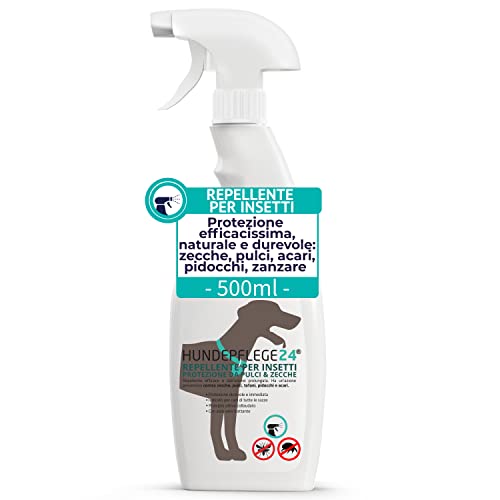 Hundepflege24 Spray antizecche, repellente contro insetti & rimedio anti pulci per cane e gatto 500ml - Protezione efficacissima, naturale e durevole contro zecche, pulci, pidocchi, zanzare, acari