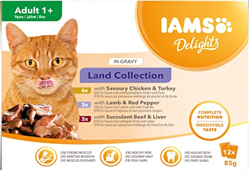 IAMS Delights Land Collection Alimento umido in salsa, per gatti adulti con una varietà di gusti di carne - 12 x 85g