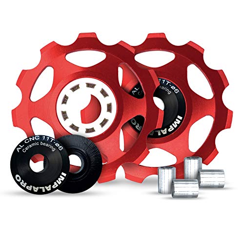 IMPALAPRO Bike - Set 2 rotelli, Ruote o puleggia Jockey (11T) Cambio o deragliatore Posteriore Alluminio CNC Cuscinetto in Ceramica per Mountain Bike (MTB) o da Strada (Rosso) (Rosso)