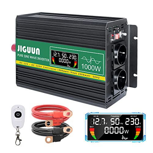 JIGUUN 1000W Inverter onda pura 12v 220 230V Trasformatore con 2 prese EU e una porta USB 2.1A - Telecomando senza fili e display LCD Potenza di picco 2000W per camion camper emergenza