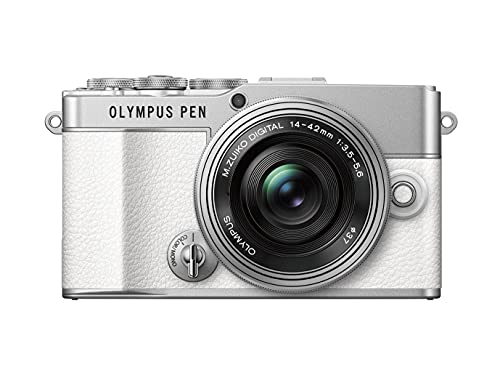Kit fotocamera Olympus PEN E-P7, sensore da 20 MP, schermo HD LCD inclinabile, 4K, Wi-Fi, controllo profilo colore e monocolore, bianco comprende obiettivo M.Zuiko Digital ED 14-42mm EZ argento
