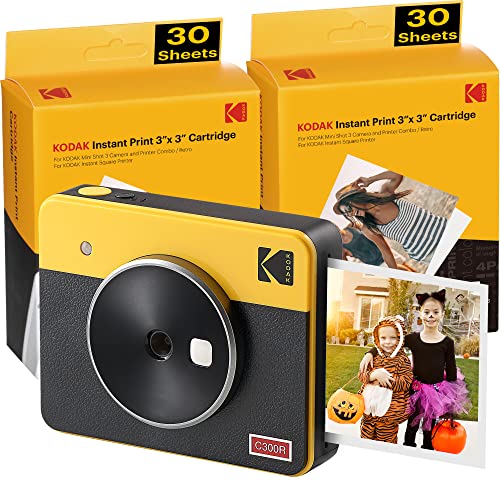 Kodak Mini Shot 3 Retro, camara instaneae e impresora fotos movil, iOS e Android, Bluetooth, Tecnologia 4Pass, 76x76mm -Giallo- 68 Fogli