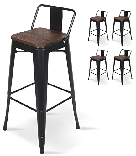 KOSMI.FR - set di 4 sgabelli da bar in metallo nero e legno con schienale, stile industriale, altezza seduta 66cm