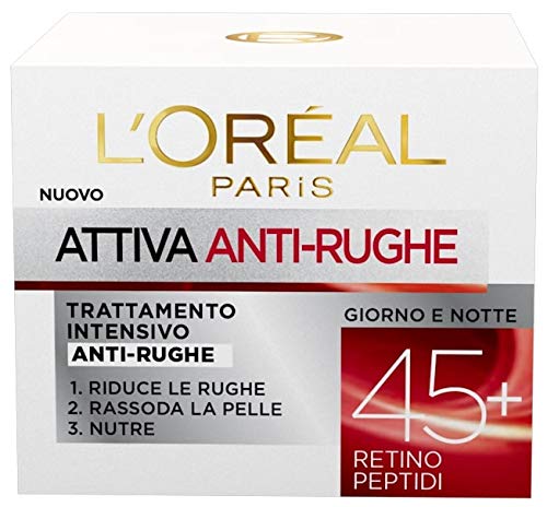 L Oréal Paris Attiva Antirughe 45+ Crema Viso Donna Antirughe Intensiva Giorno e Notte con Retino Peptidi, 50 ml