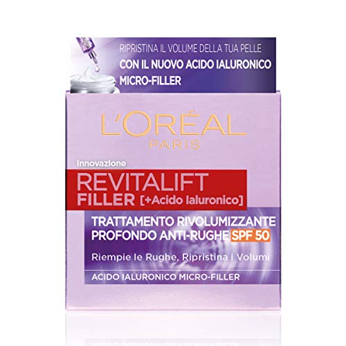 L Oréal Paris Crema Viso Giorno Revitalift Filler, Azione Antirughe Rivolumizzante con Acido Ialuronico Micro-filler, SPF 50, 50 ml