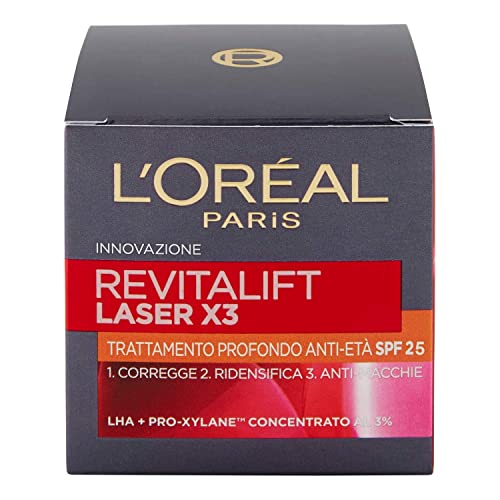 L Oréal Paris Crema Viso Giorno Revitalift Laser X3, Azione Antirughe Anti-Età con Acido Ialuronico e Pro-Xylane, Anti-macchie, Protezione SPF 25 , 50 ml