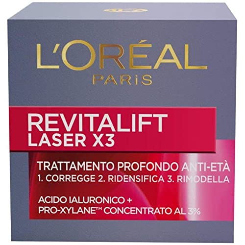 L Oréal Paris Crema Viso Giorno Revitalift Laser X3, Azione Antirughe Anti-Età con Acido Ialuronico e Pro-Xylane, 50 ml