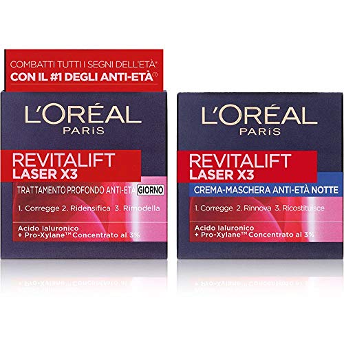 L Oréal Paris Revitalift Laser X3 Routine Viso per Combattere Tutti i Segni dell Età, include Crema Viso Giorno + Crema Viso Notte Anti-rughe, Arricchite con Pro-Xylane