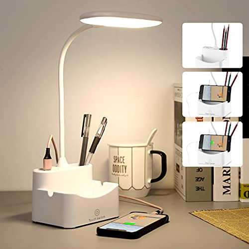 Lampada Scrivania, lampada da scrivania a led con porta di ricarica USB, portapenne & 3 Modalità di Illuminazione, 360 °cigno flessibile per Studio, Lavorare (925, Bianca)