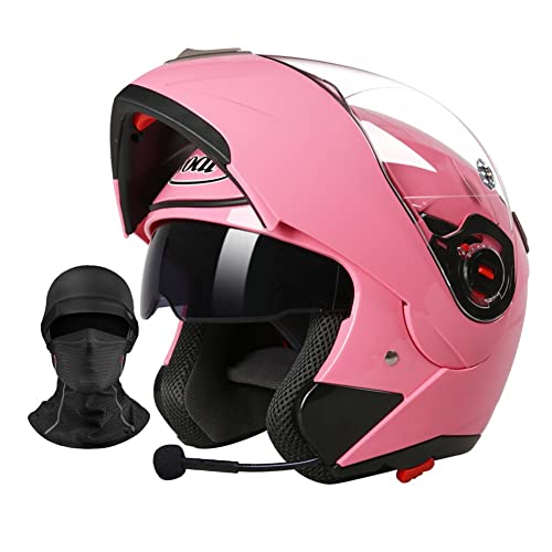 LHP Casco Moto Modulare Bluetooth Integrato Casco da Motociclista Integrale Caschi Apribili modulari Integrali per Donna Uomo Adulti DOT ECE Omologato (Color : Pink A)