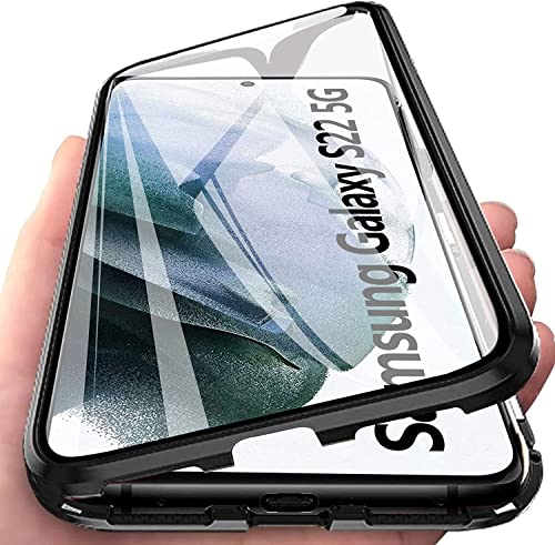 LIUKM Cover per Samsung Galaxy S22 5G Adsorbimento Magnetico Custodia 360 Gradi Protezione Cornice Metallica Doppi Lati Trasparente Vetro Temperato Custodia - Nero
