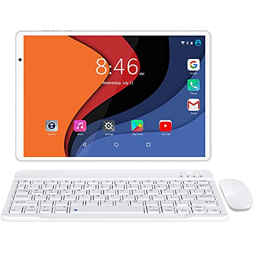 LNMBBS Tablet 10 Pollici 4G LTE 5G WiFi, 1920*1200 FHD, Android 10.0, Fotocamera 13MP + 5MP, Octa-core, 64GB ROM 4GB RAM 128GB Espandibili, Face Unlock Bluetooth 5.0 con Tastiera Custodie SIM, Silver