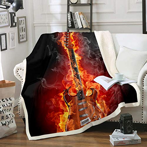 Loussiesd - Coperta in pile per divano e divano e musica rock, coperta in pile con motivo musicale, coperta sfocata per chitarra elettrica, 127 x 152,4 cm, reversibile
