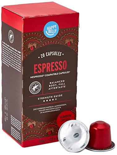 Marchio Amazon - Happy Belly Espresso Caffè tostato e macinato in capsule, in alluminio, compatibili Nespresso, 20 capsule (1x20) - Rainforest Alliance