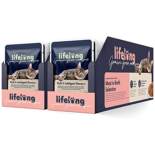 Marchio Amazon - Lifelong grain free - Cibo umido per gatti adulti - anatra, pollo, tacchino e fegato in una selezione di brodi, 4.76 kg (56 sacchetti x 85 g)