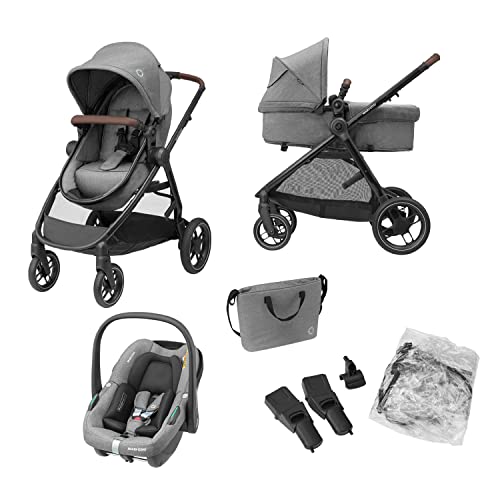 Maxi-Cosi Zelia S Trio passeggino neonato, Travel System completo con passeggino 0-22 kg, navicella, seggiolino auto i-Size e borsa cambio pannolini, per bambini 0 mesi - 4 anni circa, colore Grigio
