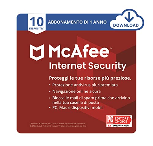 McAfee Internet Security 2022 | 10 dispositivi | Software antivirus e di sicurezza Internet | Windows Mac Android iOS | Abbonamento di 1 anno | Codice di download