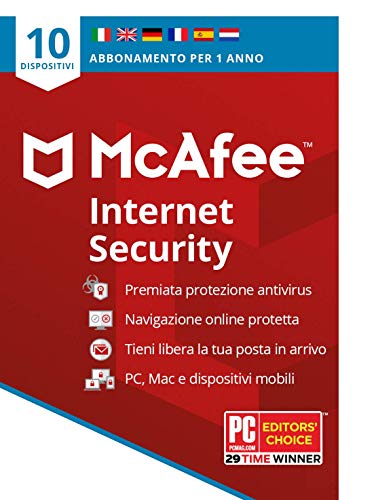 McAfee Internet Security 2022 | 10 dispositivi | Software antivirus e di sicurezza Internet | Windows Mac Android iOS | Abbonamento di 1 anno | Via posta