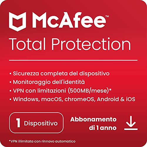 McAfee Total Protection 2023 | 1 dispositivo | Software antivirus per la sicurezza in Internet | VPN | Abbonamento di 1 anno | Codice di download | Spedizione gratuita