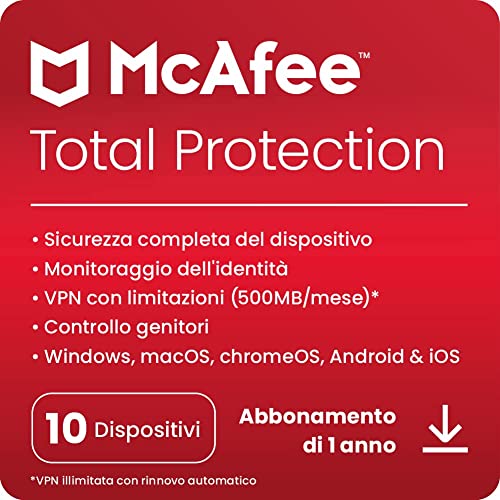 McAfee Total Protection 2023 | 10 dispositivi | Software antivirus per la sicurezza in Internet | VPN | Abbonamento di 1 anno | Codice di download | Spedizione gratuita