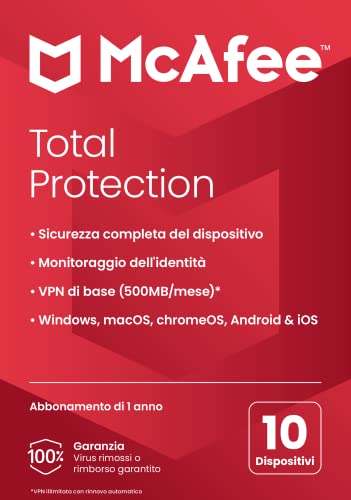 McAfee Total Protection 2023 | 10 dispositivi | Software antivirus per la sicurezza in Internet | VPN | Abbonamento di 1 anno | Scheda codice prodotto