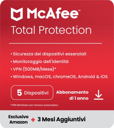 McAfee Total Protection 2023 | 15 Mesi | Amazon Exclusive | 5 Dispositivi | Antivirus e Internet Security | VPN, Password Manager, Dark Web Monitoring | Download