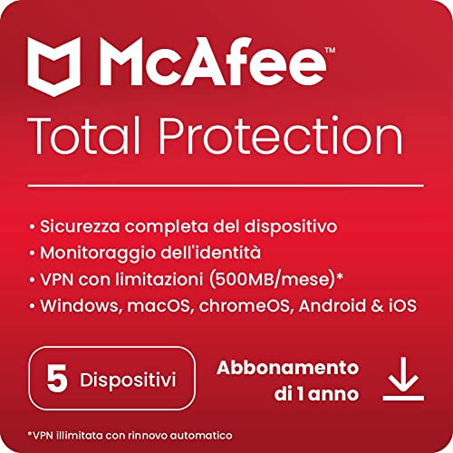 McAfee Total Protection 2023 | 5 dispositivi | Software antivirus per la sicurezza in Internet | VPN | Abbonamento di 1 anno | Codice di download | Spedizione gratuita