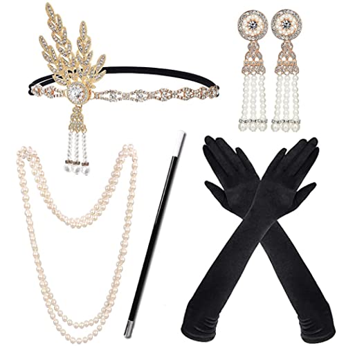 Meiruier Charleston Fancy Set di accessori anni  20, accessori per la testa, guanti lunghi, collana di perle Great Gatsby, accessori per donne, colore, Taglia unica