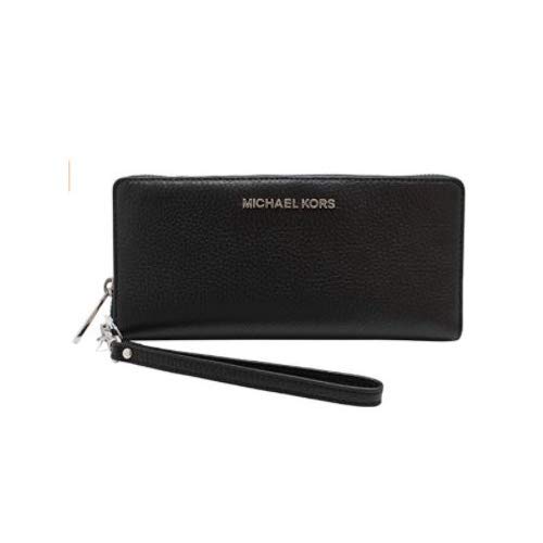 Michael Kors Jet Set Travel Continental Zip Around Leather Wallet Wristlet (Black with Silver Hardware)