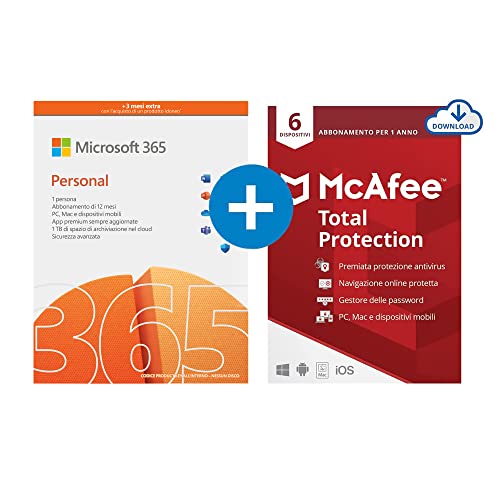 Microsoft 365 Personal | 1 abbonamento annuale |12+3 Mesi | PC Mac | Codice via email + McAfee Total Protection 2022 | 6 Dispositivi | 1 Utente, 1 Anno | PC Mac | Codice via email
