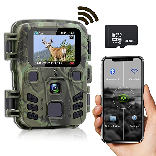 Mini Fototrappola WiFi Bluetooth 24MP 1296P, Fotocamera Caccia con Visione Notturna con APP, Velocità di induzione di 0,2s Impermeabile IP66 per il Monitoraggio della Fauna Selvatica,con Scheda 32GB