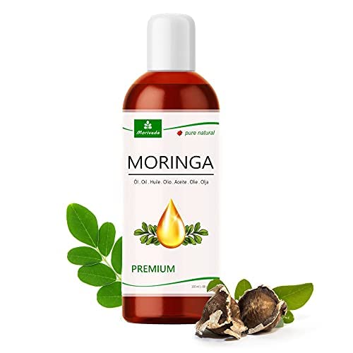 MoriVeda Moringa Oil, 100 ml, olio di Moringa spremuto a freddo dai semi di Moringa, come olio commestibile, olio per massaggi, olio per capelli, olio per barba e cura della pelle