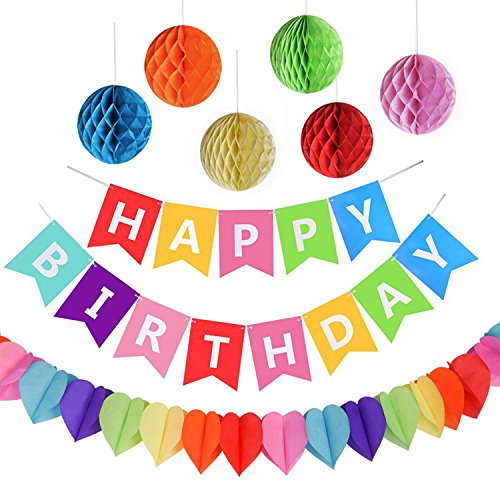Kit Decorazione Festa di Compleanno, Striscione “Happy Birthday” con 6 Sfere a Nido d ape e una Decorazione di Carta Arcobaleno, Party kit