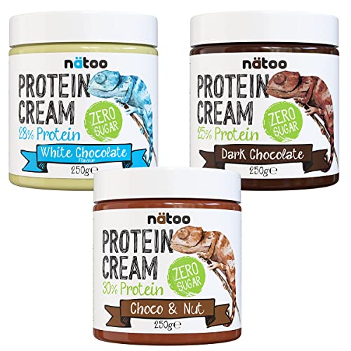 NATOO Crema Proteica Cioccolato, Fondente, Bianco, Nocciola - Zero zuccheri - 3x250g pack