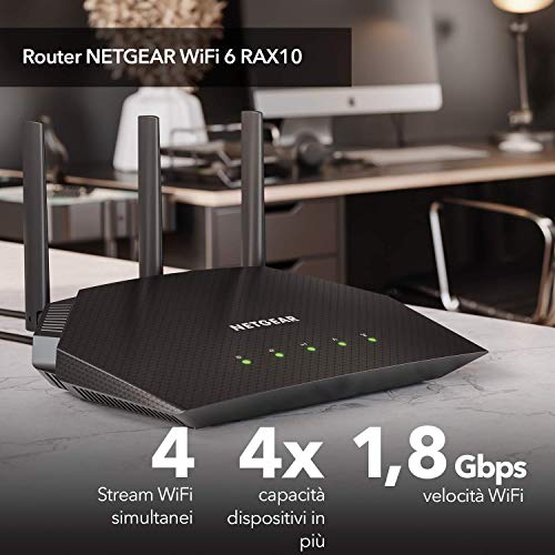 NETGEAR Router WiFi 6 RAX10, 4 Flussi simultanei con velocità AX18...