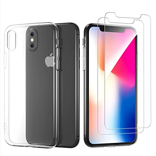 NEW C Cover per iPhone X e iPhone Xs Gel TPU in silicone custodia ultra trasparente e 2 × vetro temperato per iPhone X e iPhone Xs, Pellicola proteggi schermo