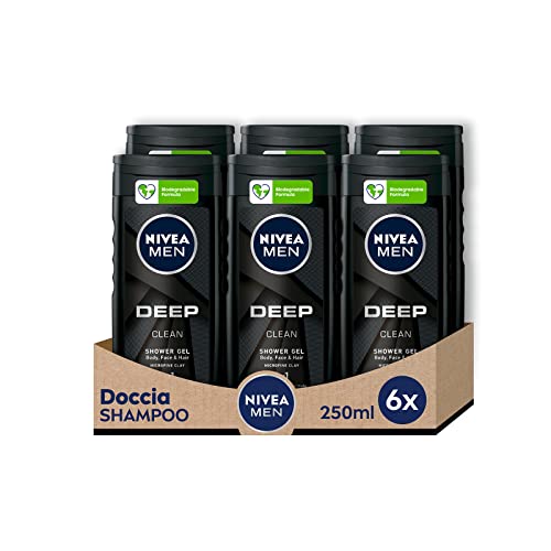 NIVEA MEN Deep Clean Doccia Shampoo in confezione da 6 x 250 ml, Bagnoschiuma uomo per corpo, viso e capelli, Shampoo uomo con derivati di argilla naturale