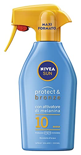 Nivea SUN Maxi Spray Solare Protect & Bronze FP10 in flacone da 300 ml, Spray abbronzante e idratante, Crema solare per un abbronzatura dorata, intensa e uniforme